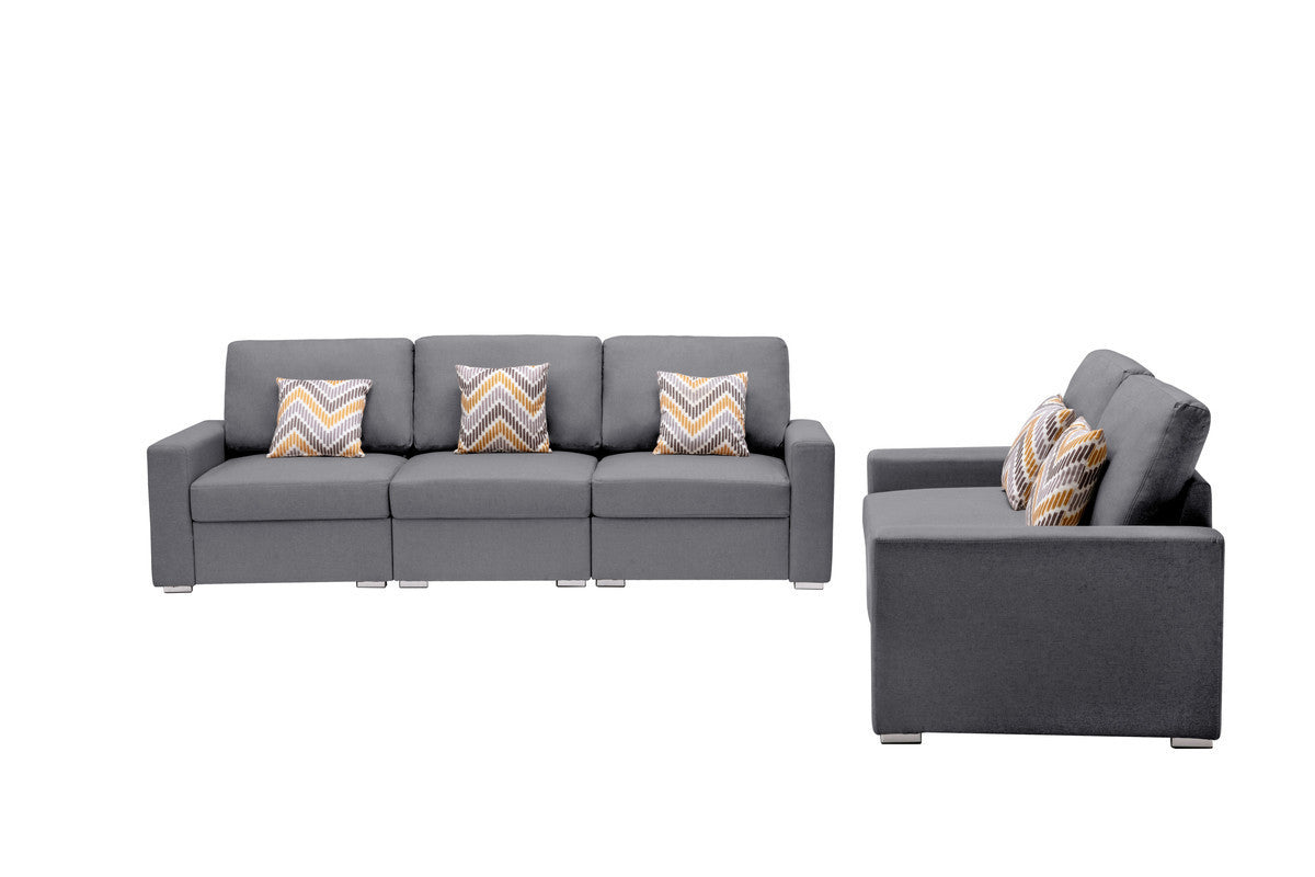 Nolan Gray Linen Fabric Sofa and Loveseat Living Room Set with Pillows and Interchangeable Legs