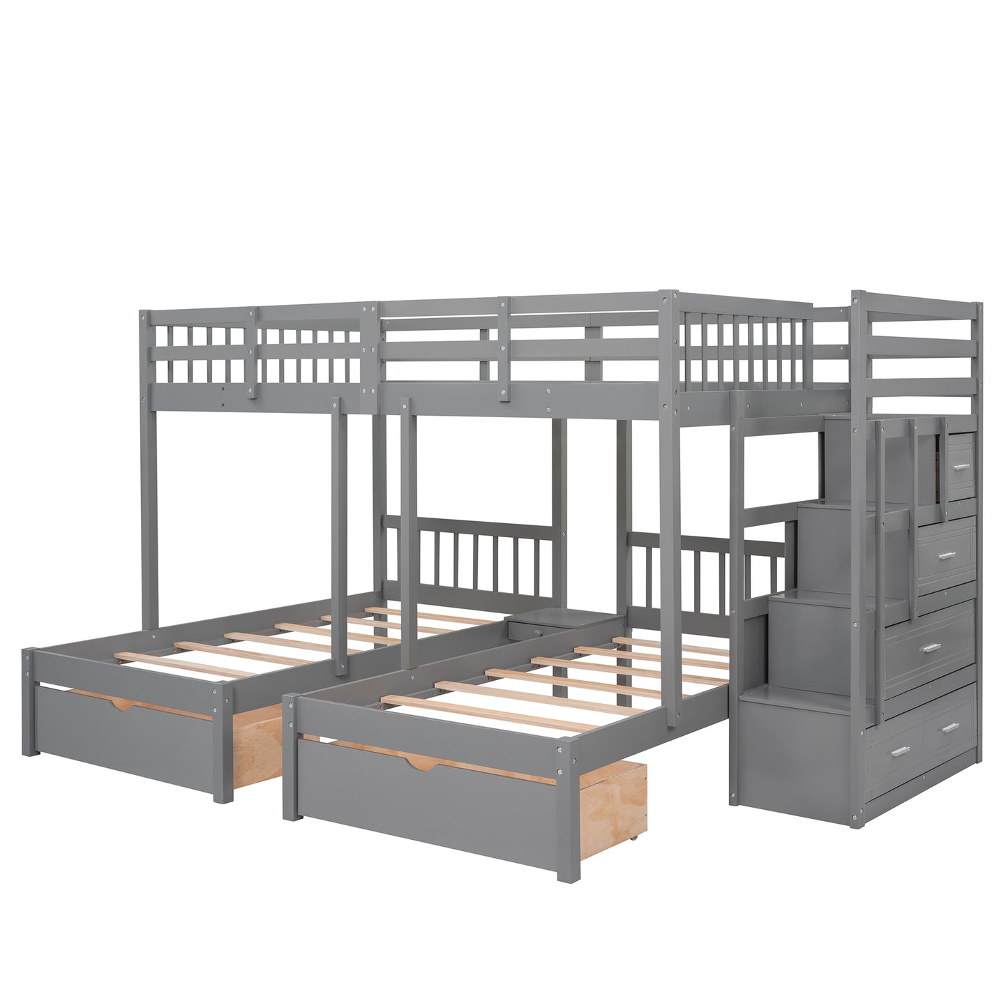 Triple Bunk Bed with Storage Drawers - Space-Saving Gray Design