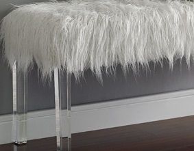 1pc White Glam Accent Bench with Faux Fur Seat Transparent Legs