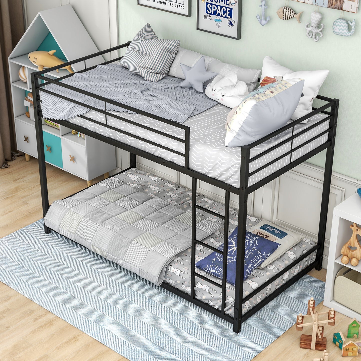 Black Finish Metal Twin Over Twin Bunk Bed with Safety Guard Rails