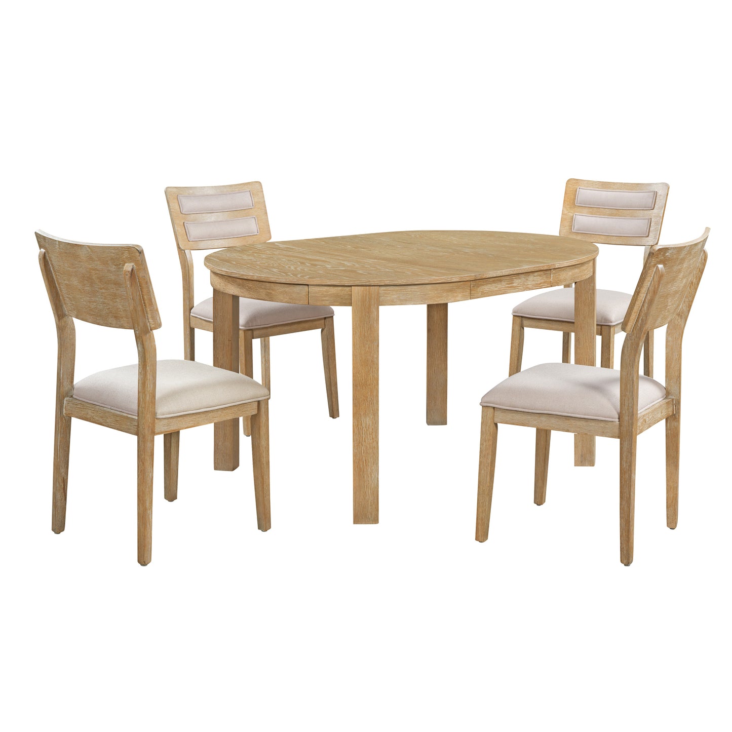 TREXM 5-Piece Multifunctional Dining Table Set, Farmhouse Dining Set with Extendable  Round Table ,Two Small Drawers and 4 Upholstered Dining Chairs for Kitchen and Dining Room (Natural Wood Wash)