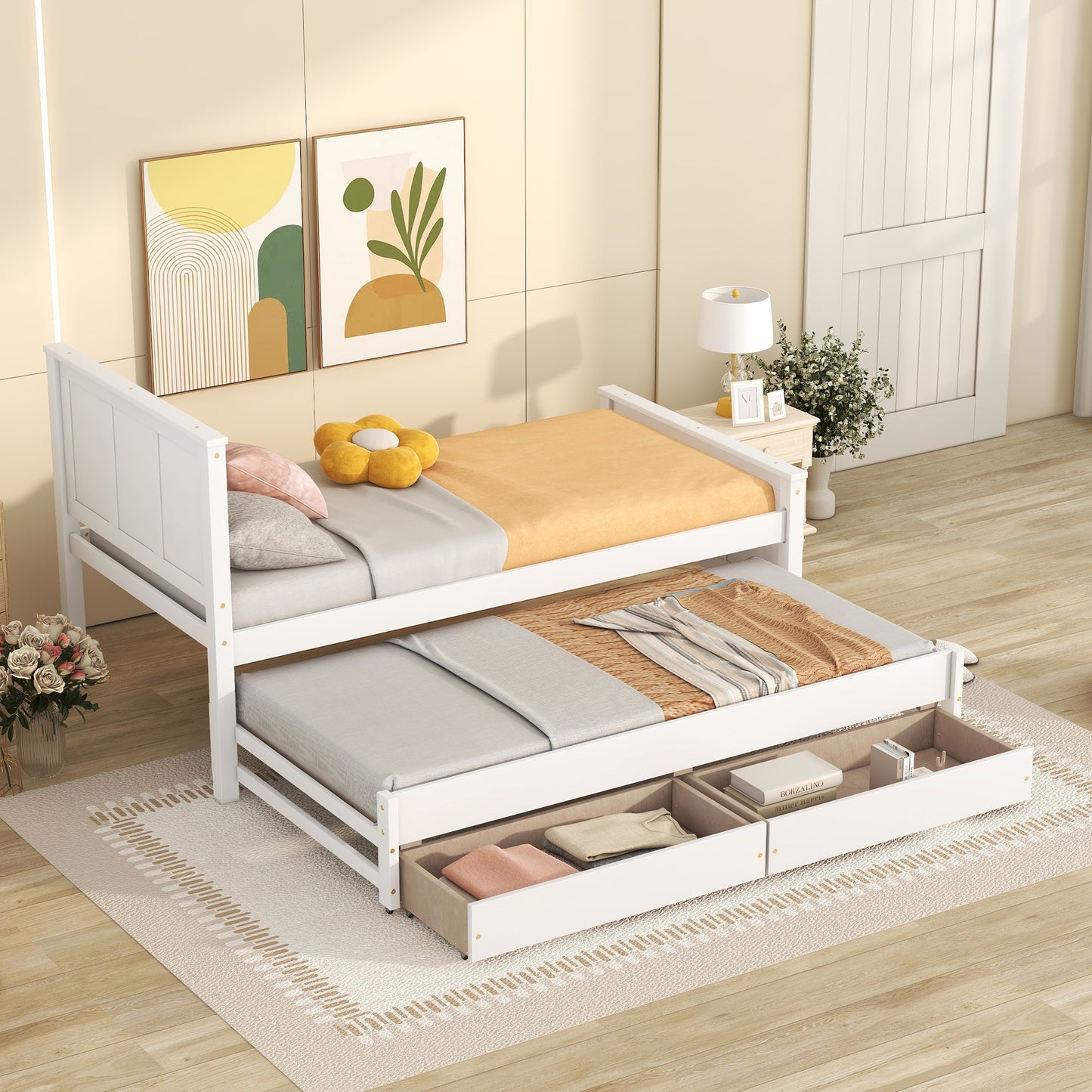 Twin Size Platform Bed with Trundle and Drawers, White