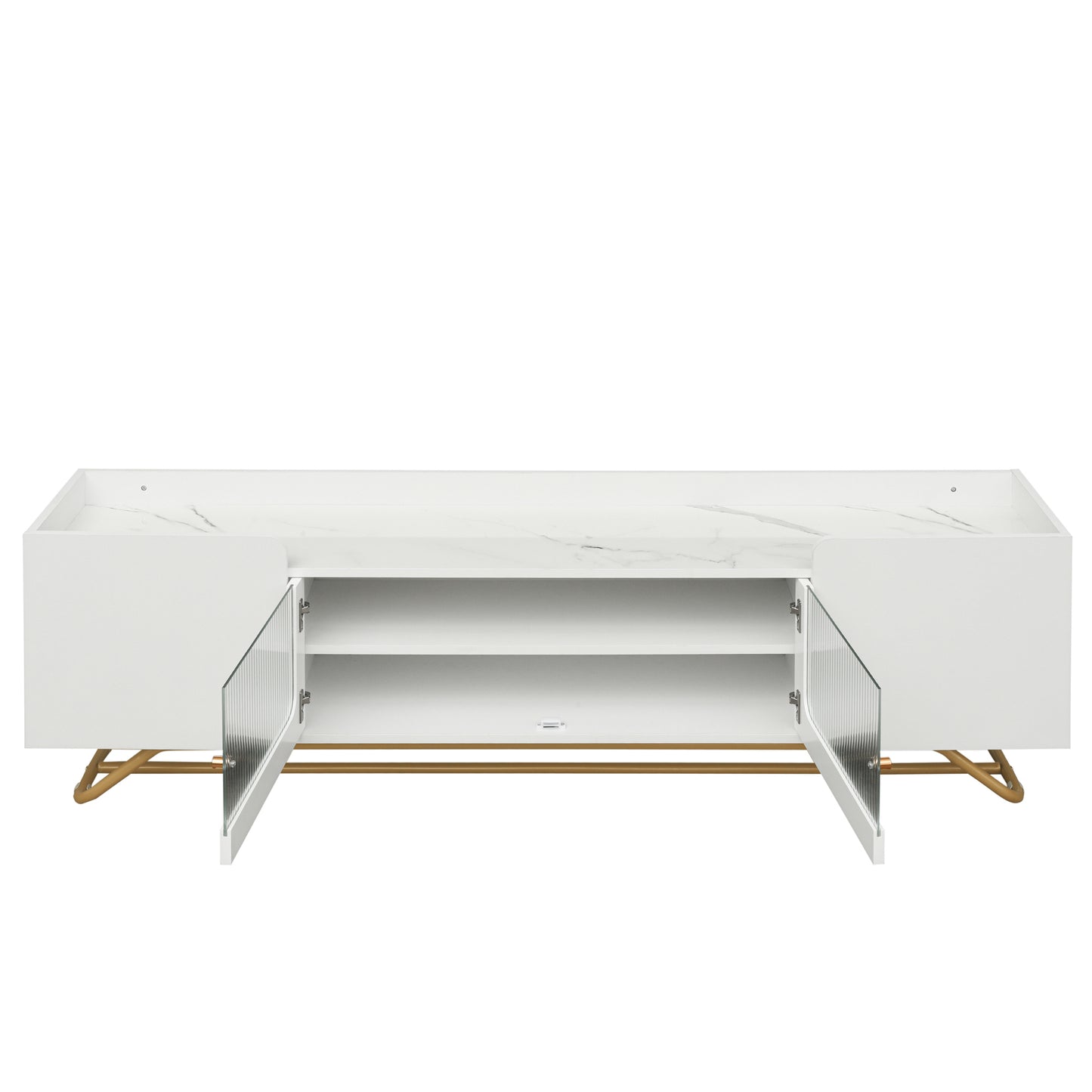 Contemporary White TV Stand with Fluted Glass Doors, Faux Marble Top, and Gold Metal Accents