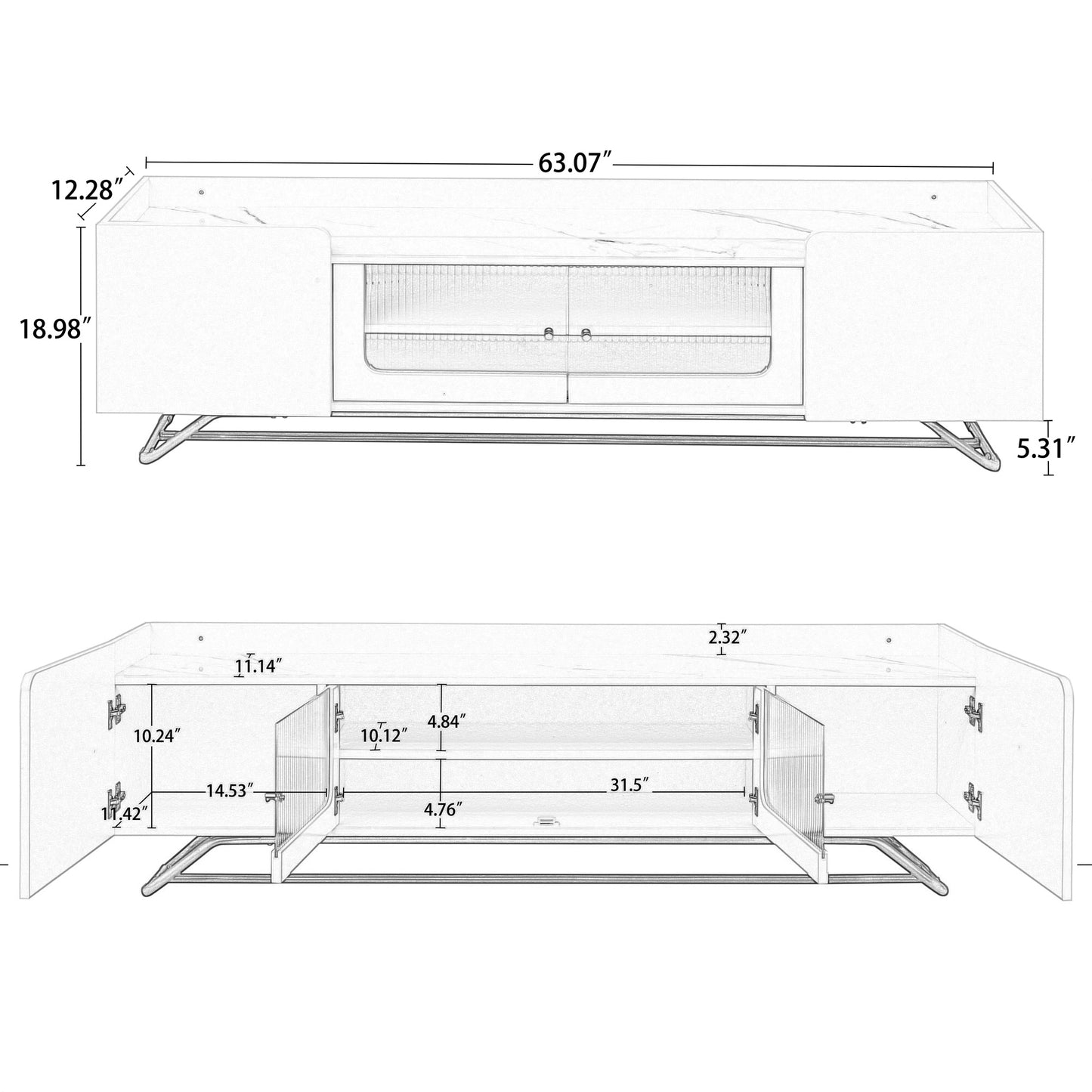 Contemporary White TV Stand with Fluted Glass Doors, Faux Marble Top, and Gold Metal Accents