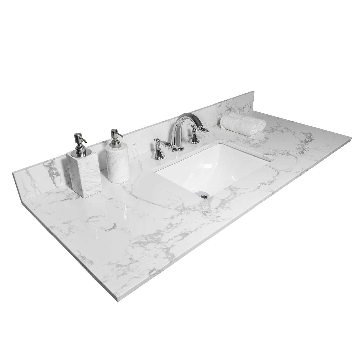 Montary 43x22 bathroom stone vanity top  engineered stone carrara white marble color with rectangle undermount ceramic sink and  3 faucet hole with back splash .