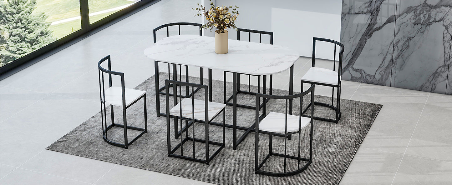 Modern 7-Piece Dining Table Set with Faux Marble Compact 55Inch Kitchen Table Set for 6, Black+White