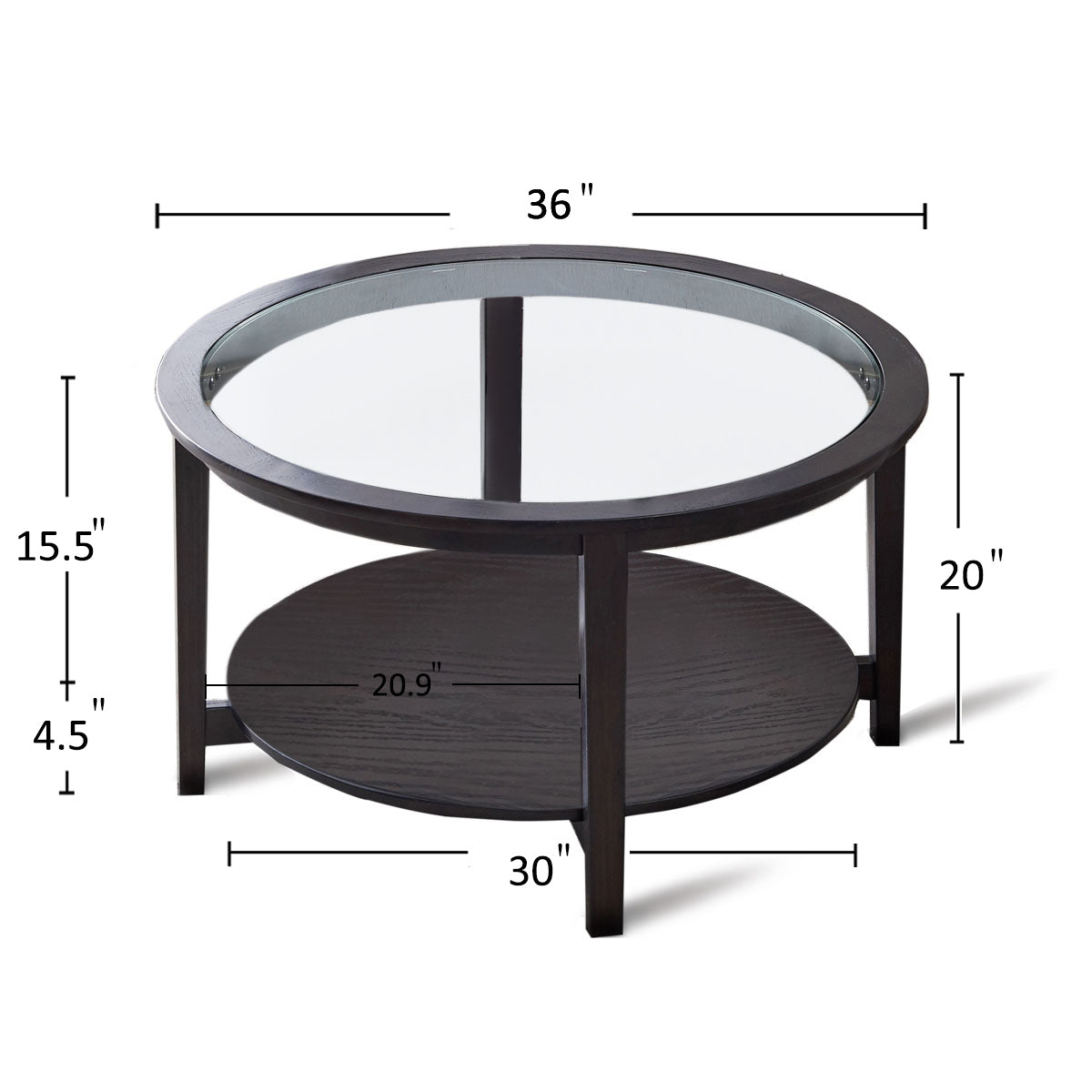 Round Glass Top Solid Wood Storage Coffee Table in Black with Double-Deck Design and Family Safety Protection