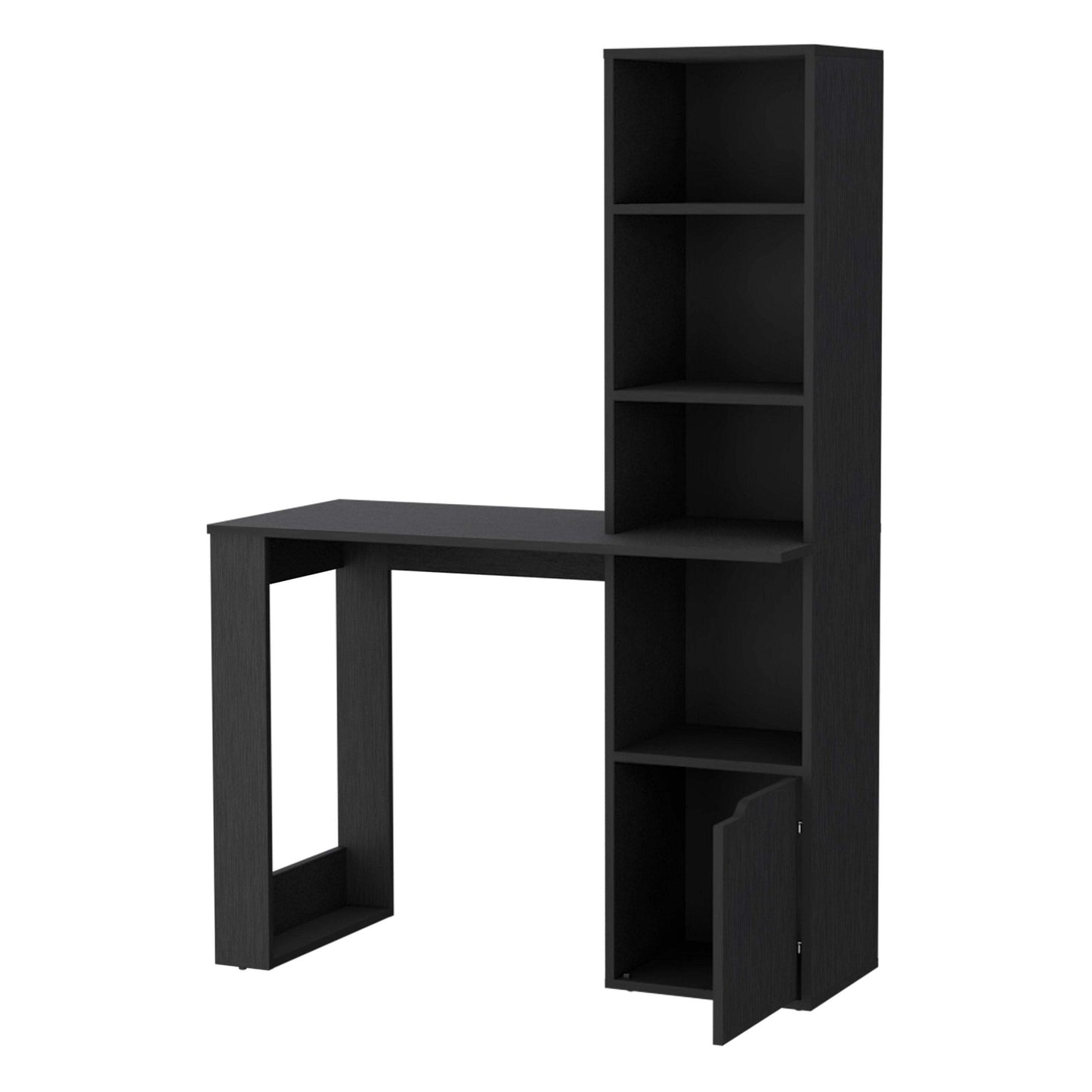 Modern Black Computer Desk with 4-Tier Bookcase and Cabinet