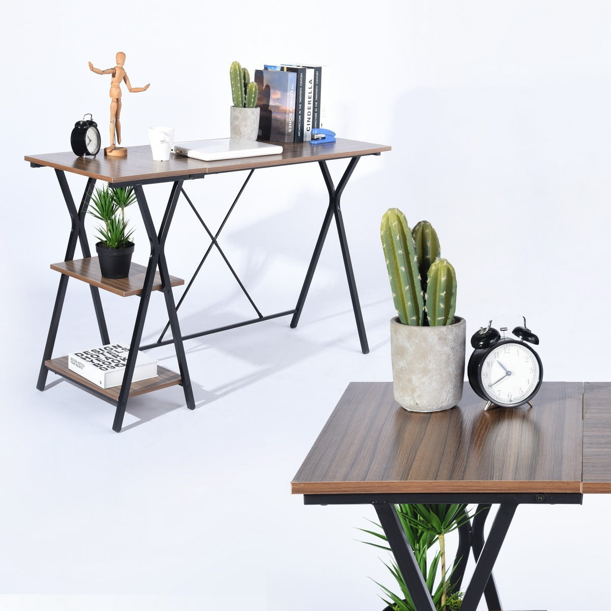 Brown and Black Computer Desk with Two Layers for Efficient Work Completion