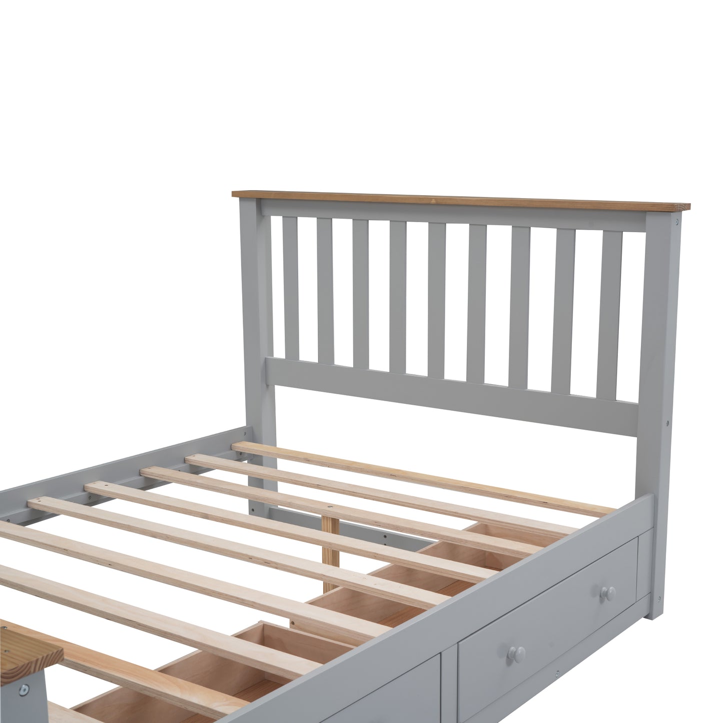 Full Size Wood Platform Bed with Two Drawers and Wooden Slat Support,Gray+Natrual