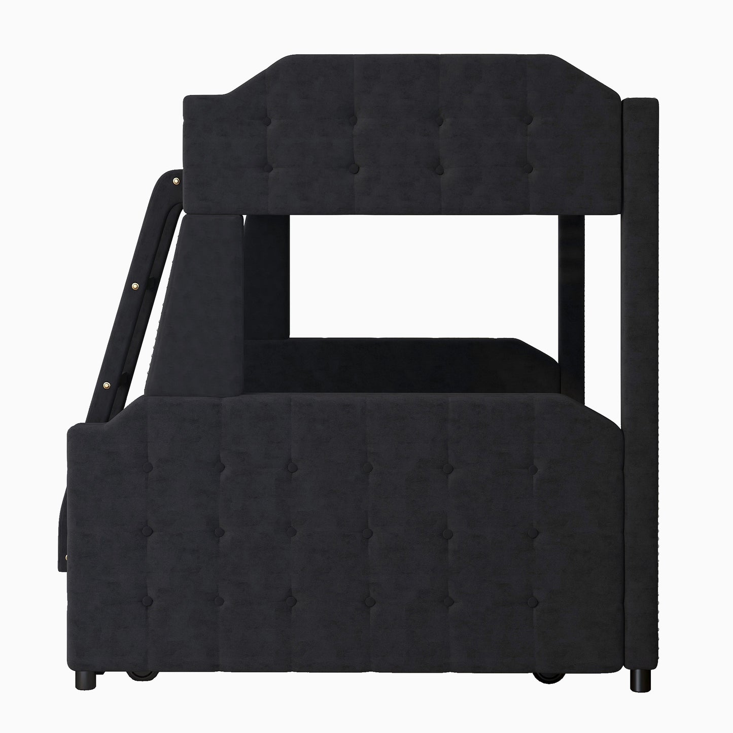 Black Velvet Upholstered Twin over Full Bunk Bed with Trundle and Button Tufted Design