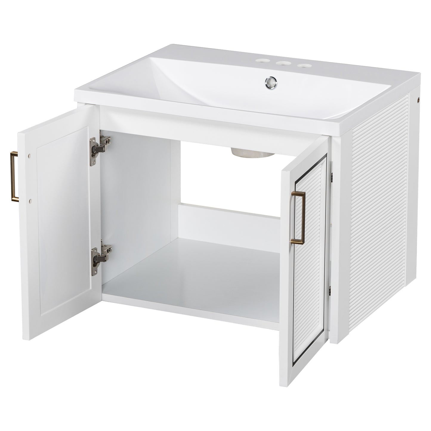 24" Wall Mounted Bathroom Vanity with Ceramic Basin, Two Shutter Doors, Solid Wood & MDF Board, White (One Package)