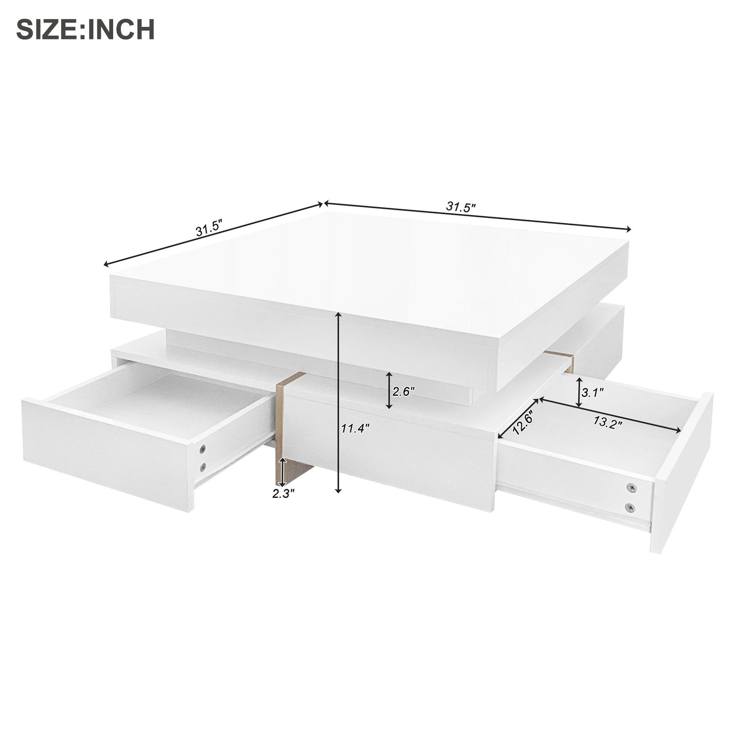 Elegant White High Gloss Coffee Table with Spacious Storage and Wood Grain Legs