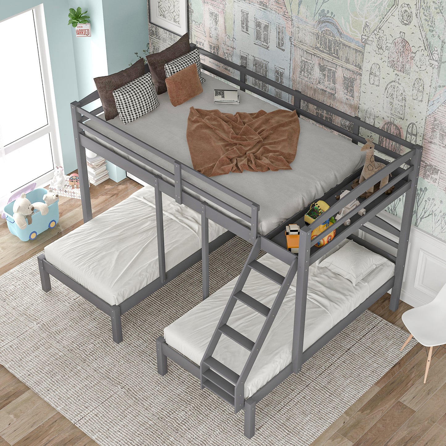 Gray Triple Bunk Bed with Full over Twin & Twin