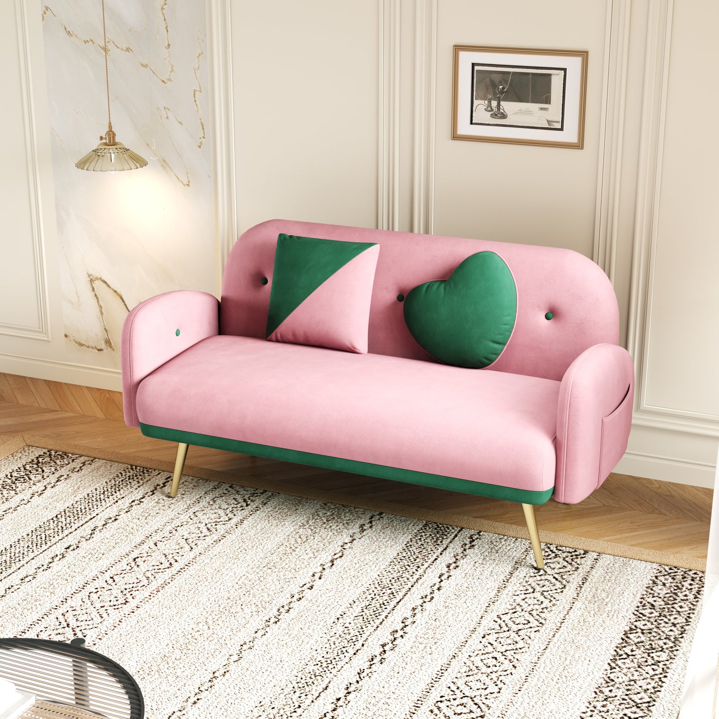 58 Pink Velvet Sofa with 2 Pillows for Small Spaces