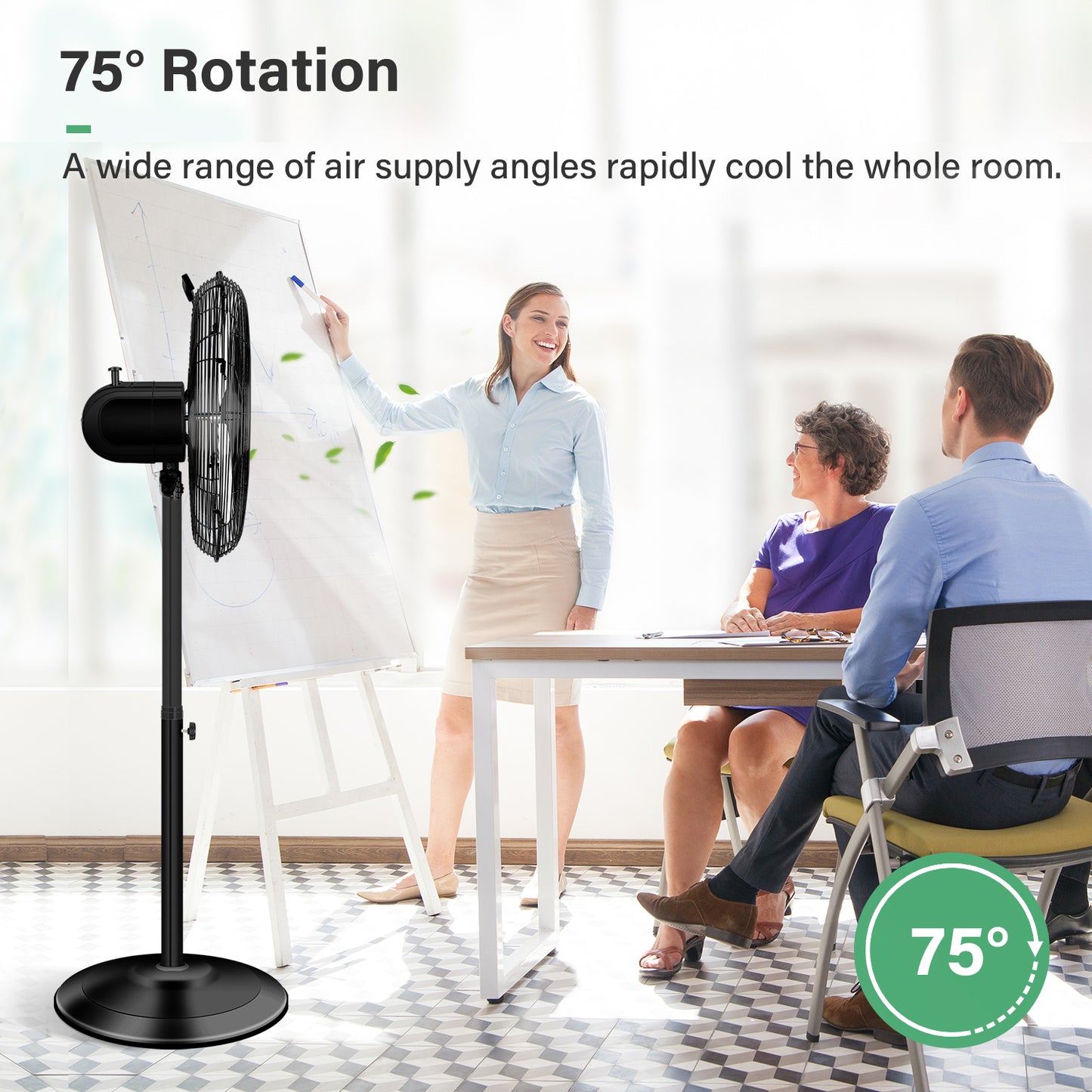 Adjustable Heights High Velocity Stand Fan with 75° Oscillation, Low Noise, Quality Construction, 3 Speed Settings