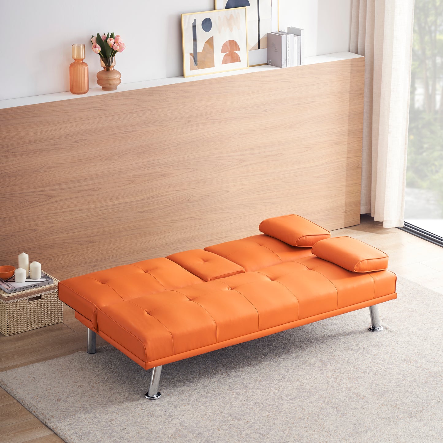 67 Orange Leather Multifunctional Double Folding Sofa Bed with Built-In Coffee Table