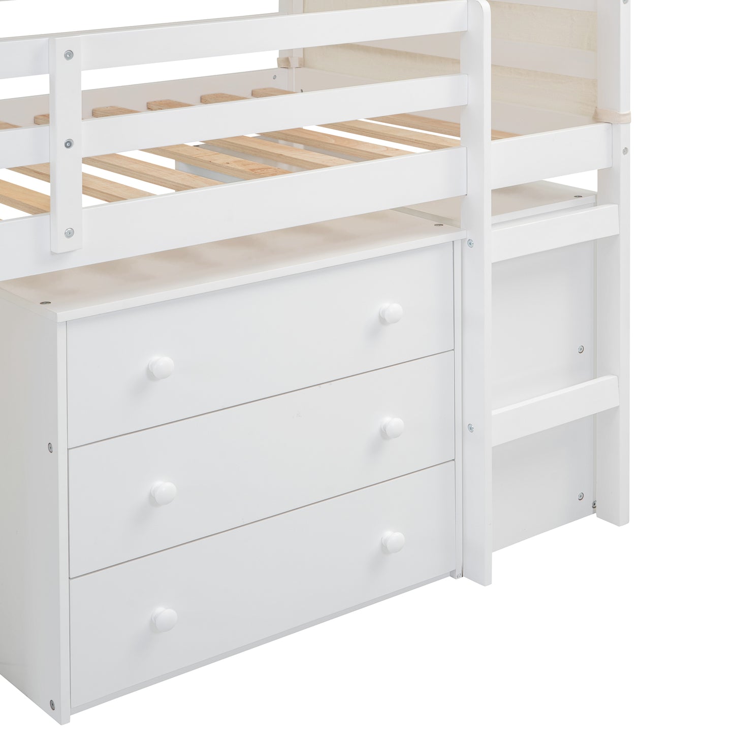 Twin Size Loft Bed with Rolling Cabinet, Shelf and Tent - White