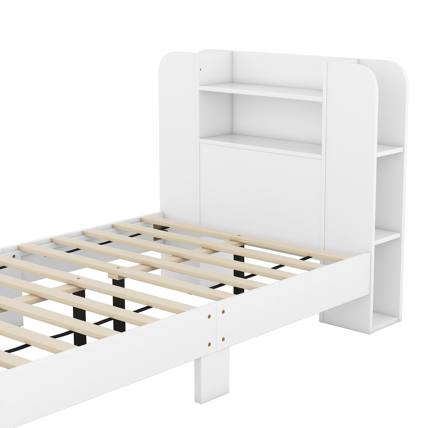 Twin Size Platform Bed with Storage Headboard,Multiple Storage Shelves on Both Sides,White