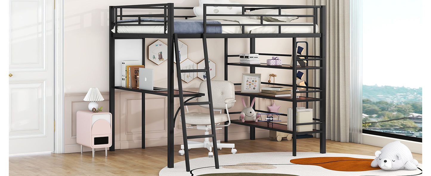 Full Size Loft Metal Bed with 3 Layers of Shelves and Desk, Stylish Metal Frame Bed with Whiteboard, Black