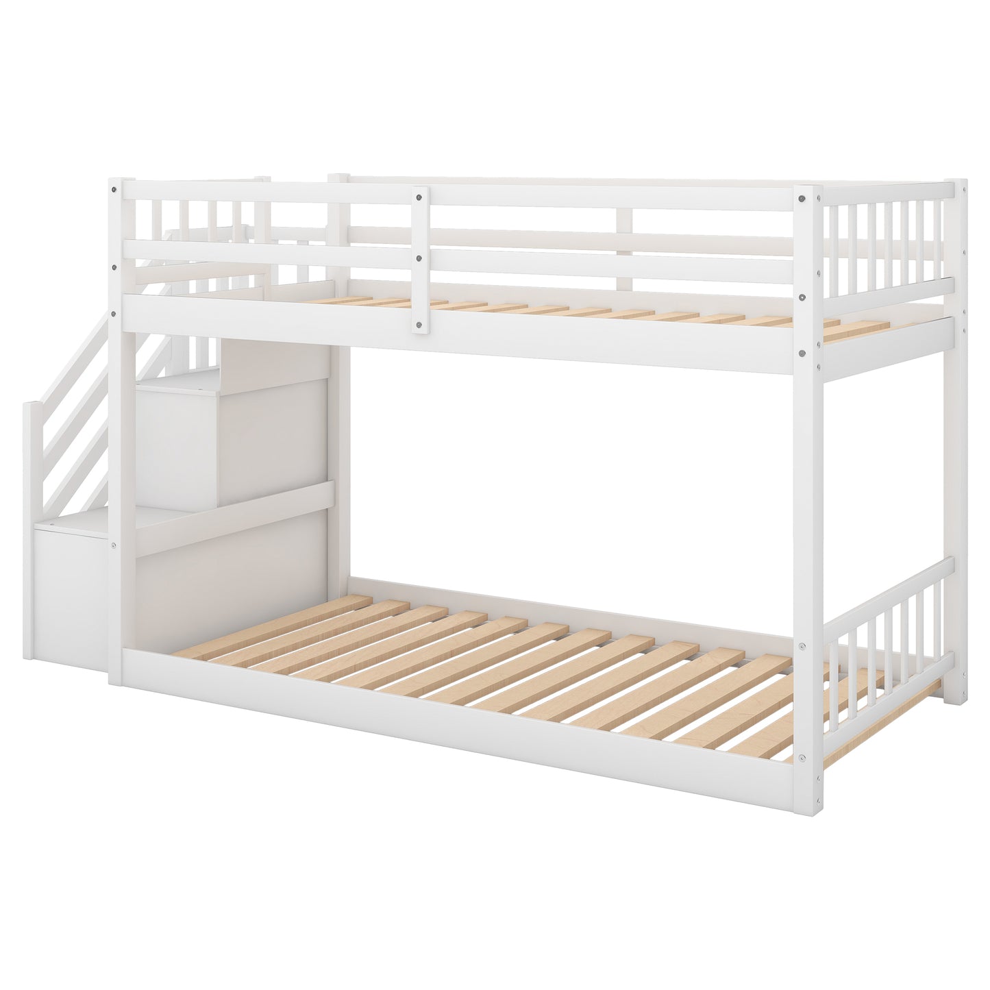 White Twin Floor Bunk Bed with Ladder and Storage