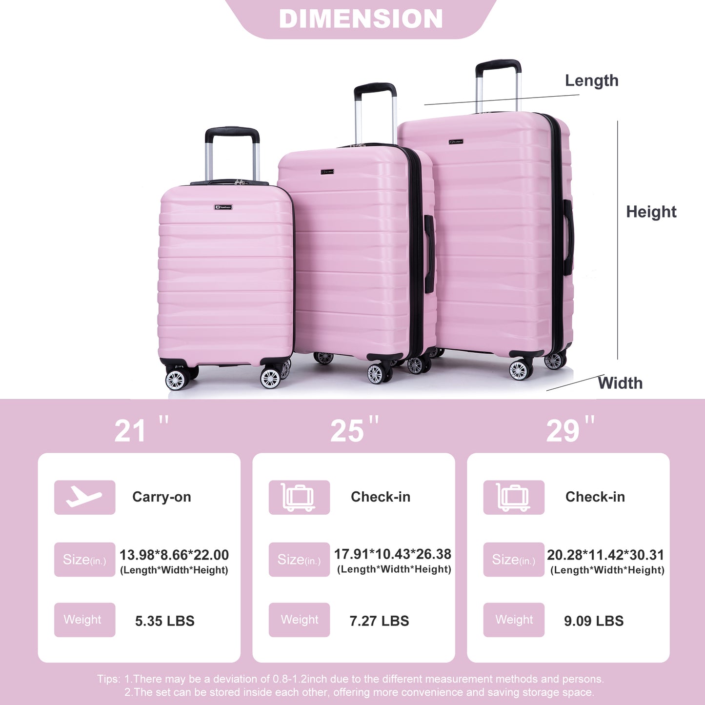 3 Piece Luggage Sets PC Lightweight & Durable Expandable Suitcase with Two Hooks, Double Spinner Wheels, TSA Lock, (21/25/29) Pink