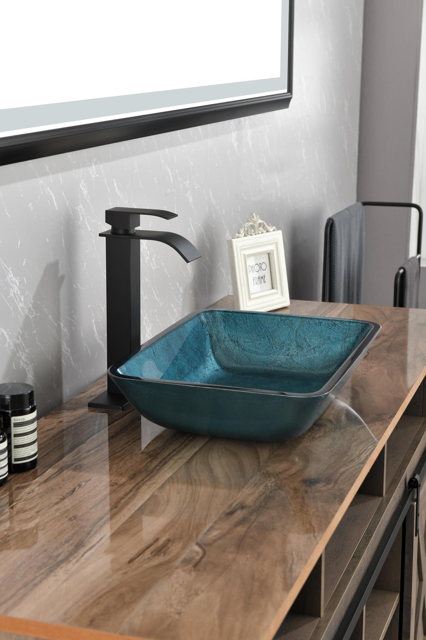 Handcrafted Blue Glass Rectangular Vessel Sink Set with Matte Black Faucet and Pop-Up Drain