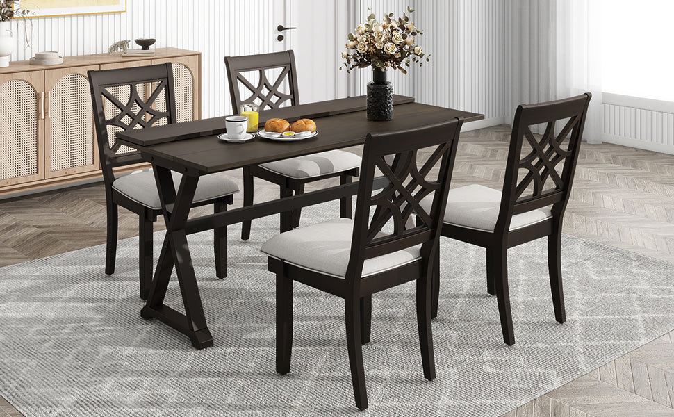 5-Piece 62*35.2inch Extendable Rubber Wood Dining Table Set with X-shape Legs,Console Table with Two 8.8Inch-Wide Flip Lids and Upholstered Dining Chairs ,Dark Walnut