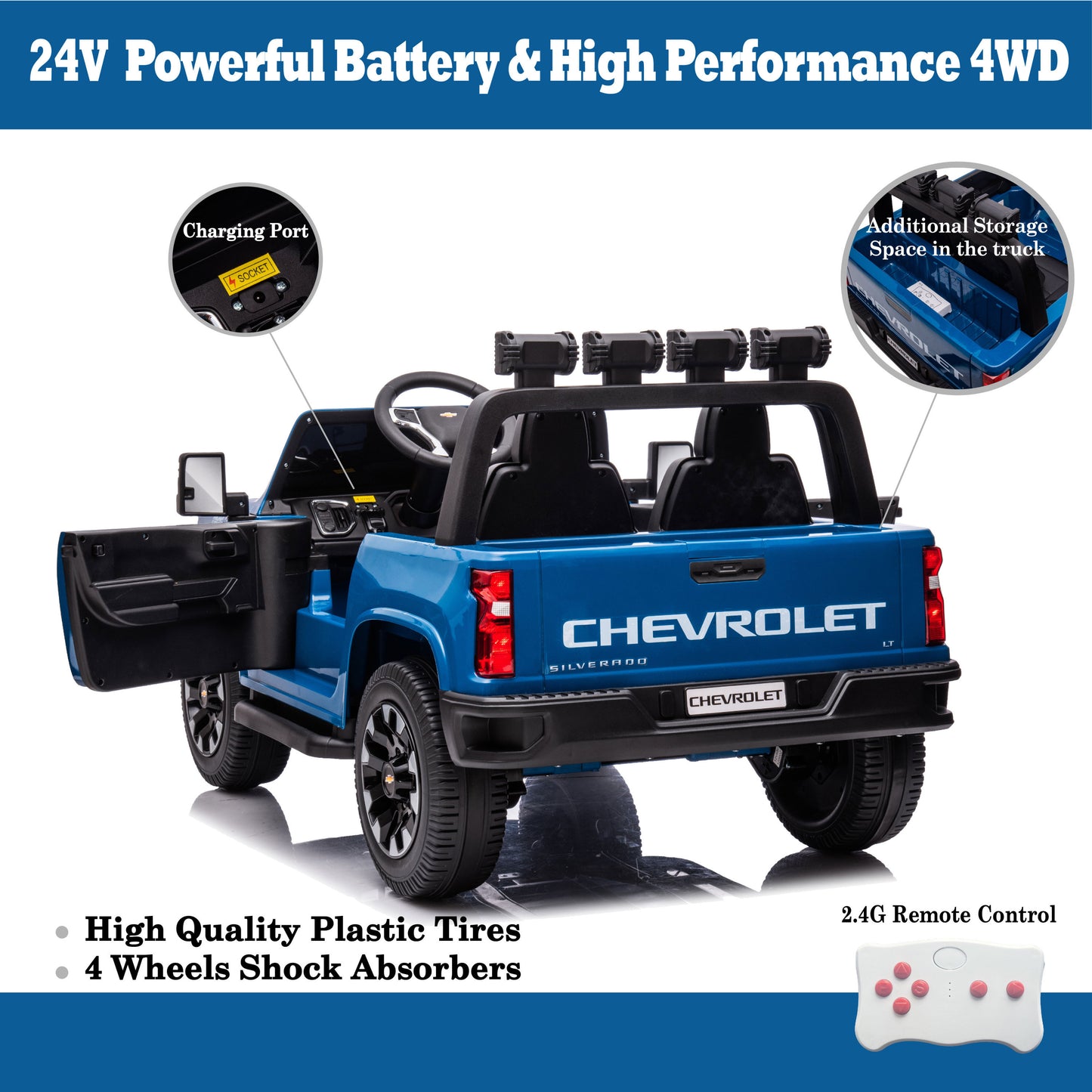 Blue, 24V 2 Seater Ride On Truck Car, Licensed Chevrolet Silverado HD Electric Car for Kids, 4WDmotors, with 2.4G Remote Control, Metal Suspension, Soft Start, FM/Bluetooth/Music, LED Light,Toys Gifts