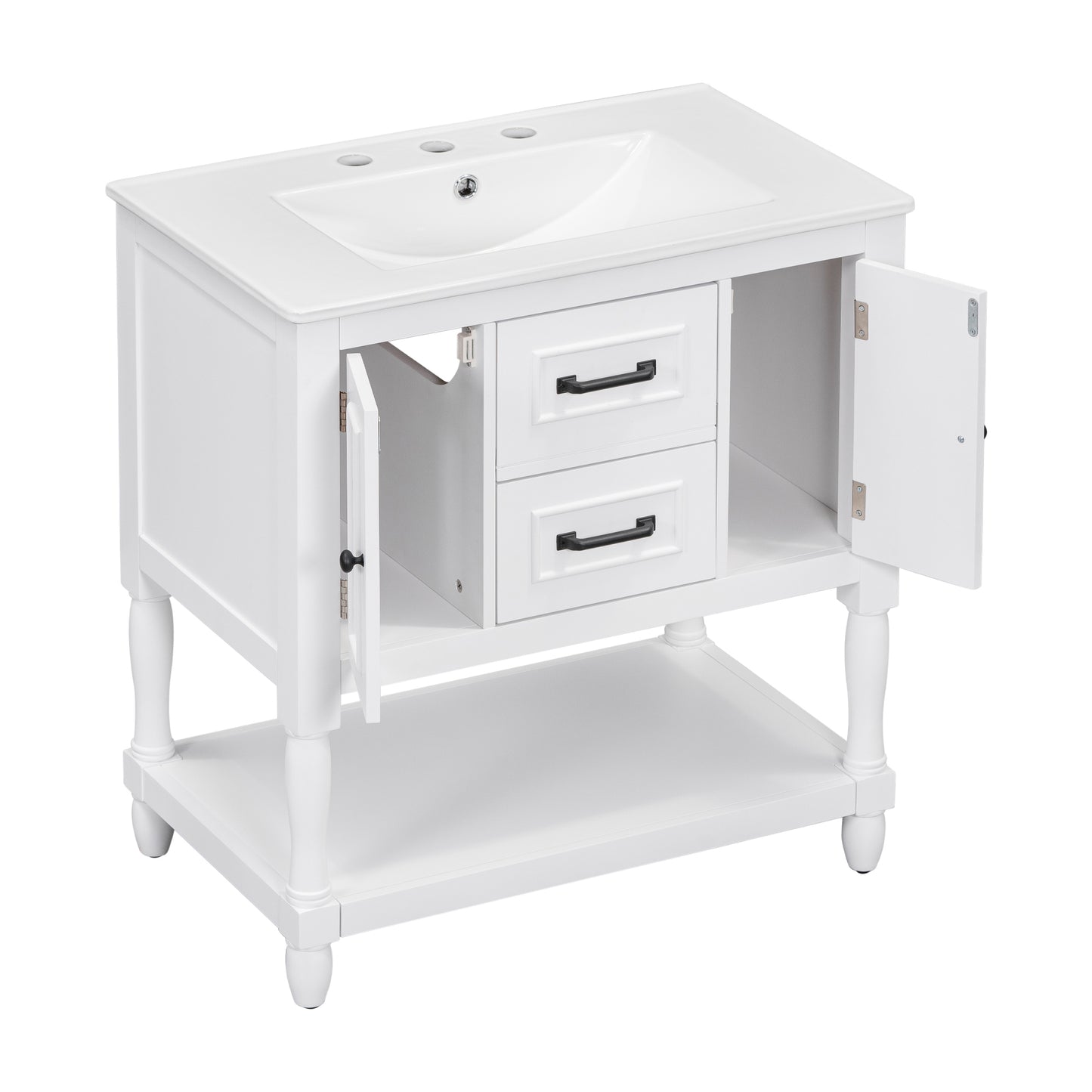 30" Bathroom Vanity with Sink Top, Bathroom Vanity Cabinet with Two Doors and Two Drawers, Solid Wood Frame, One Package, White