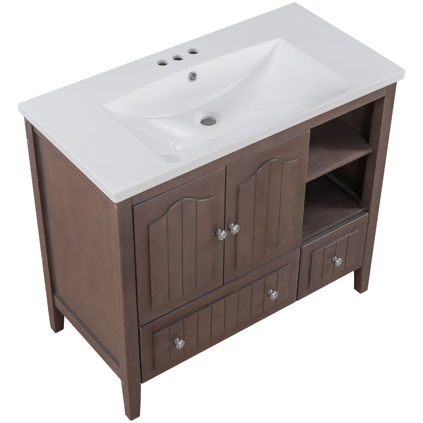 36" Bathroom Vanity with Ceramic Basin, Bathroom Storage Cabinet with Two Doors and Drawers, Solid Frame, Metal Handles, Brown