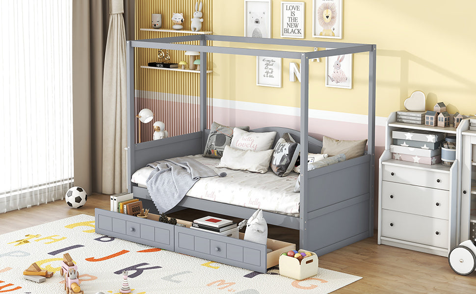 Twin Size Canopy Day Bed with 2 Drawers, Gray