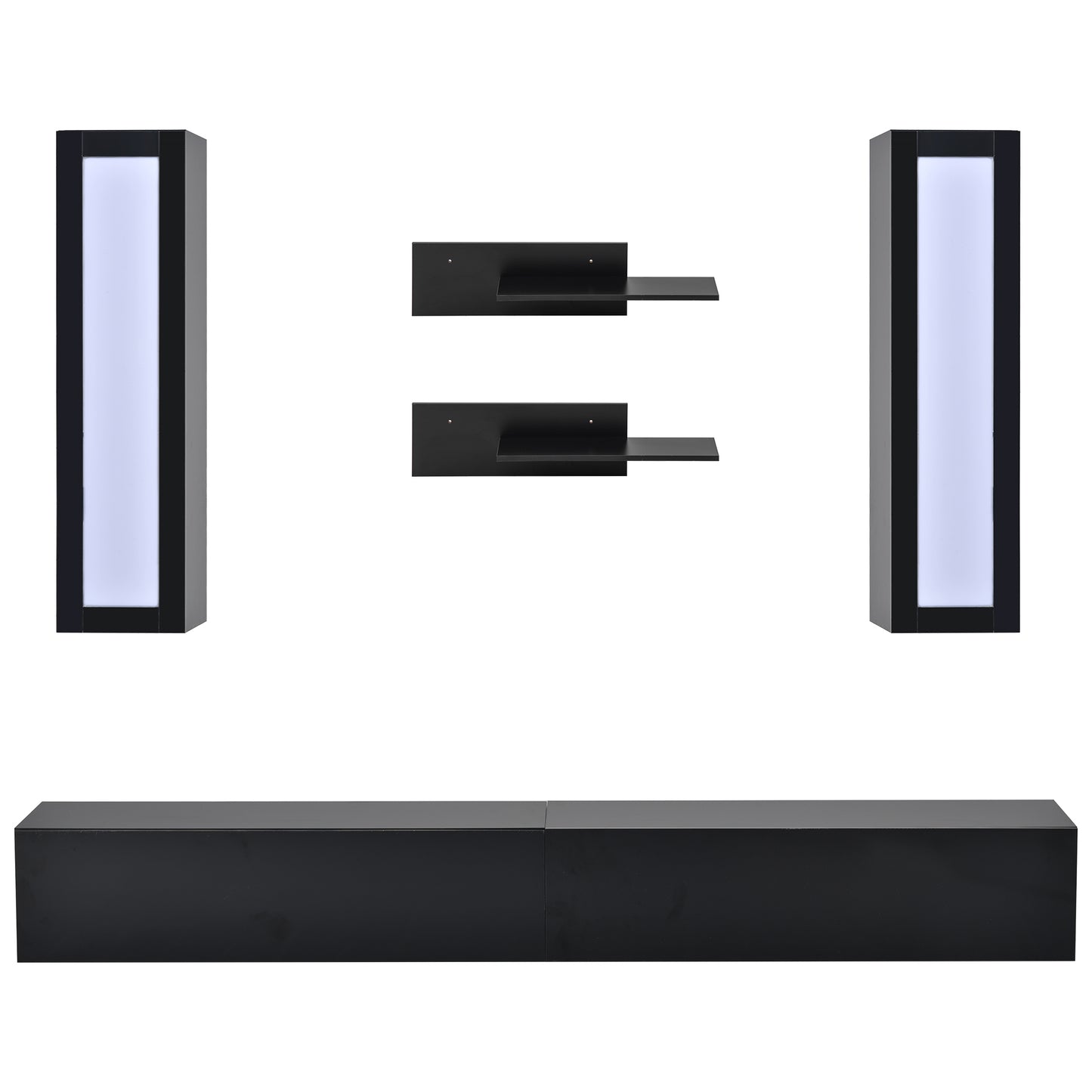 Modern Black Wall Mount Floating TV Stand with LED Lights and Media Storage