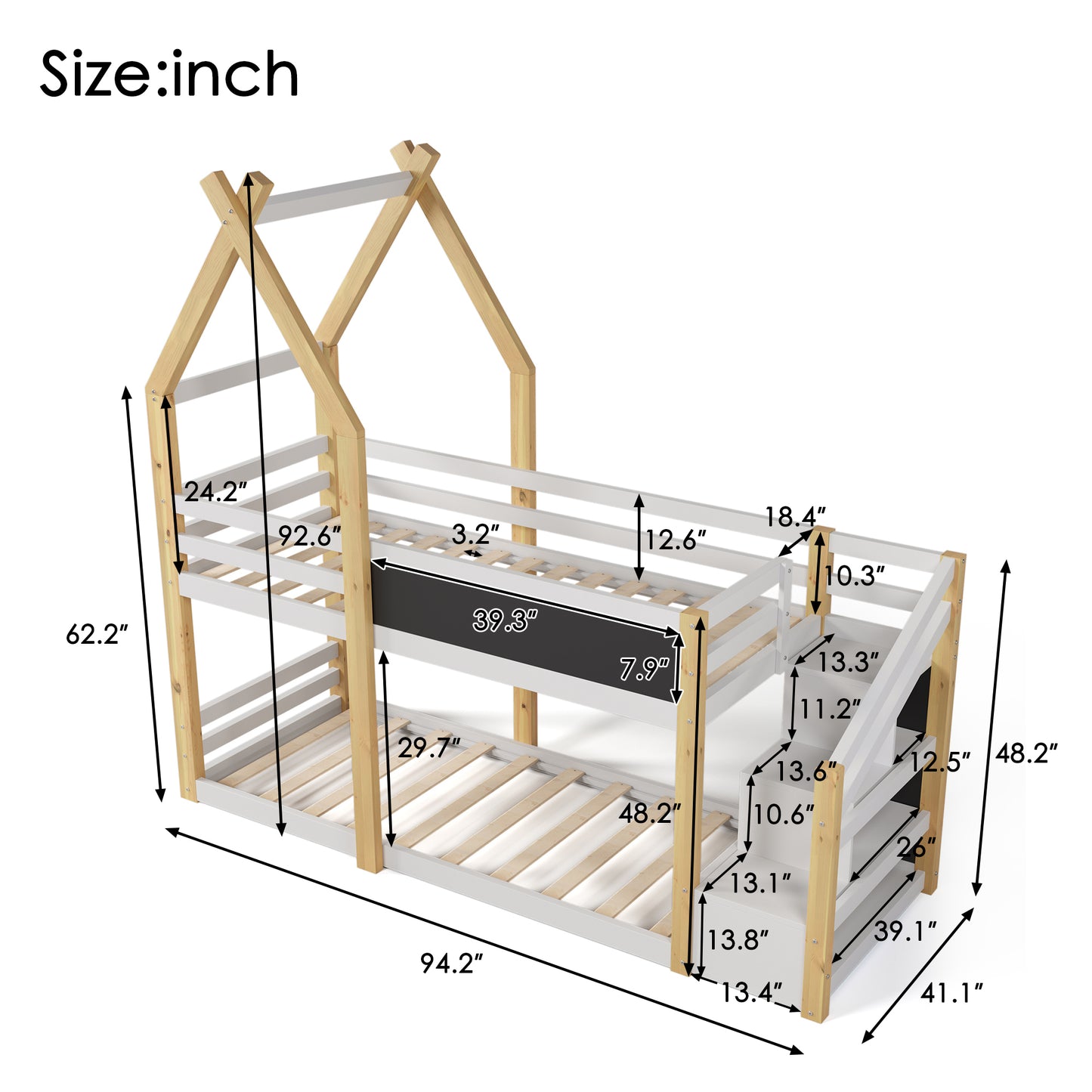 House Style Twin Bed with Storage Staircase in White