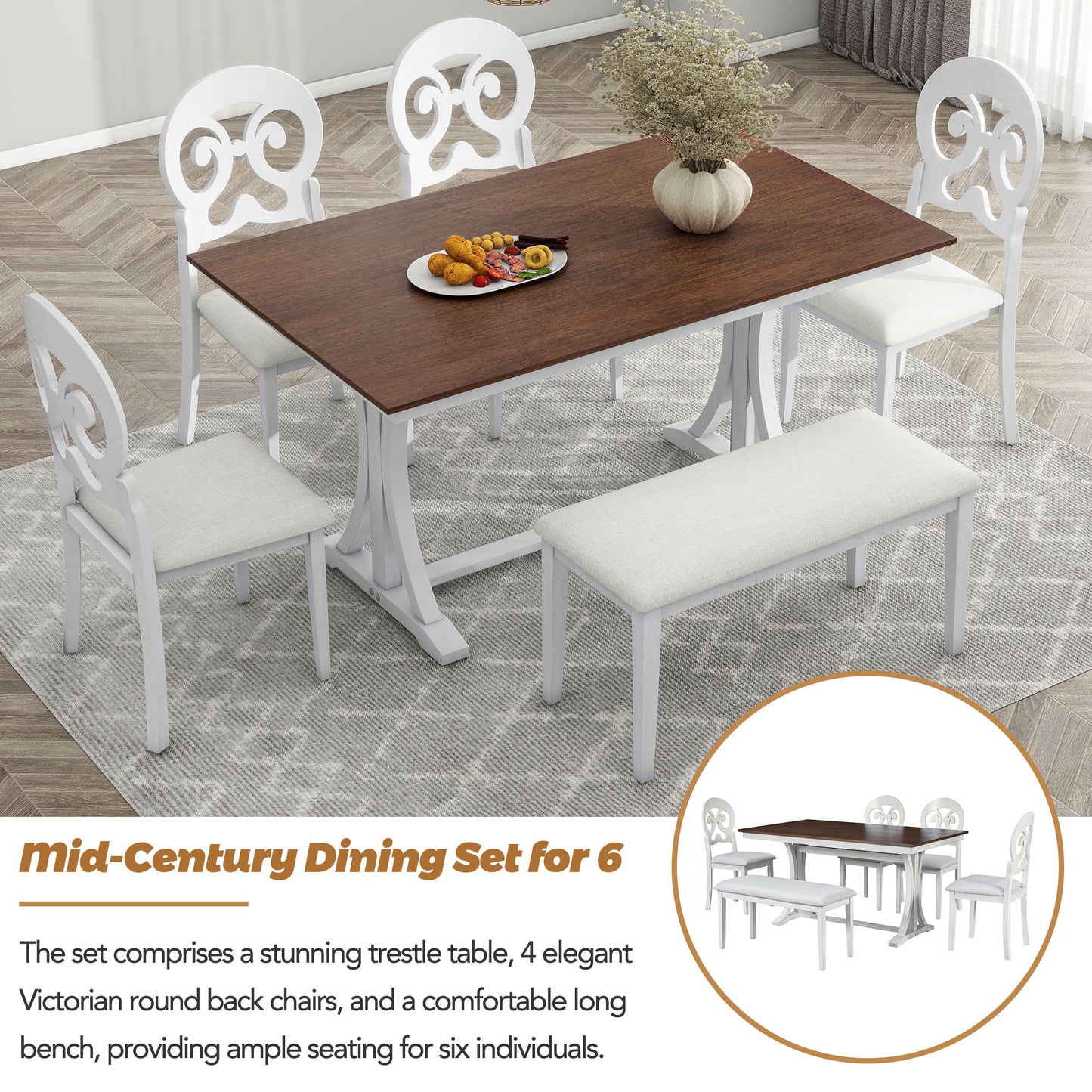 Mid-Century 6-Piece Trestle Table Set with Victorian Round Upholstered Dining Chairs and Long Bench, Cherry+Antique White