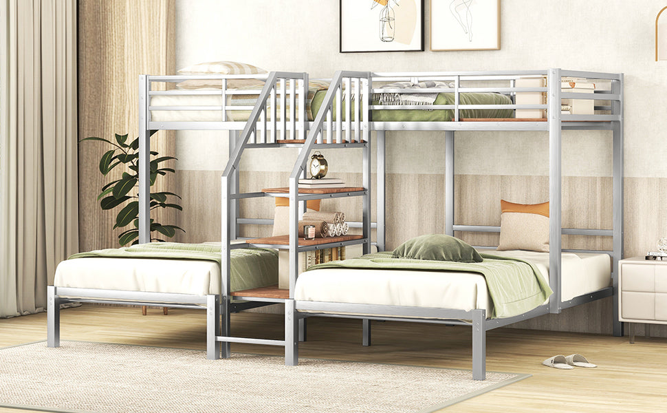 Three-Tiered Metal Bunk Bed with Storage and Staircase, Silver Twin over Twin