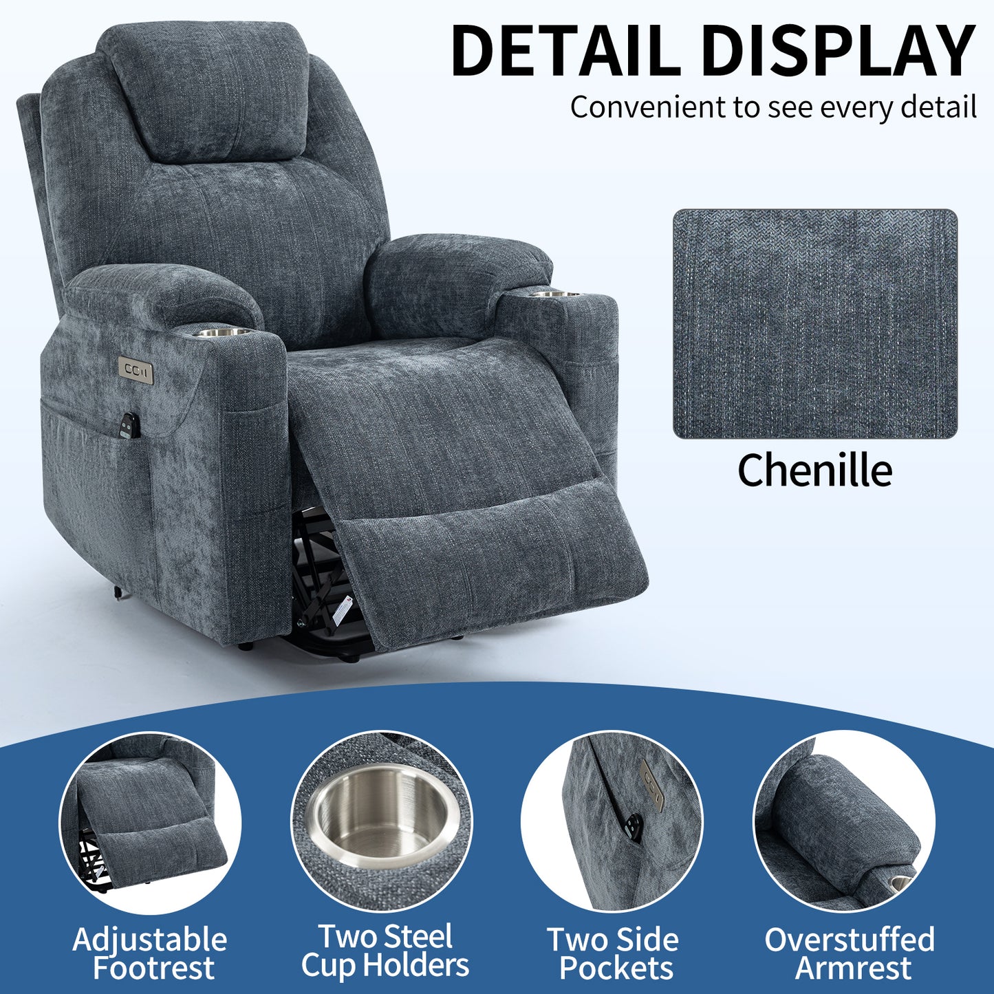 Blue Chenille Power Lift Recliner Chair with Massage and Lumbar Heating