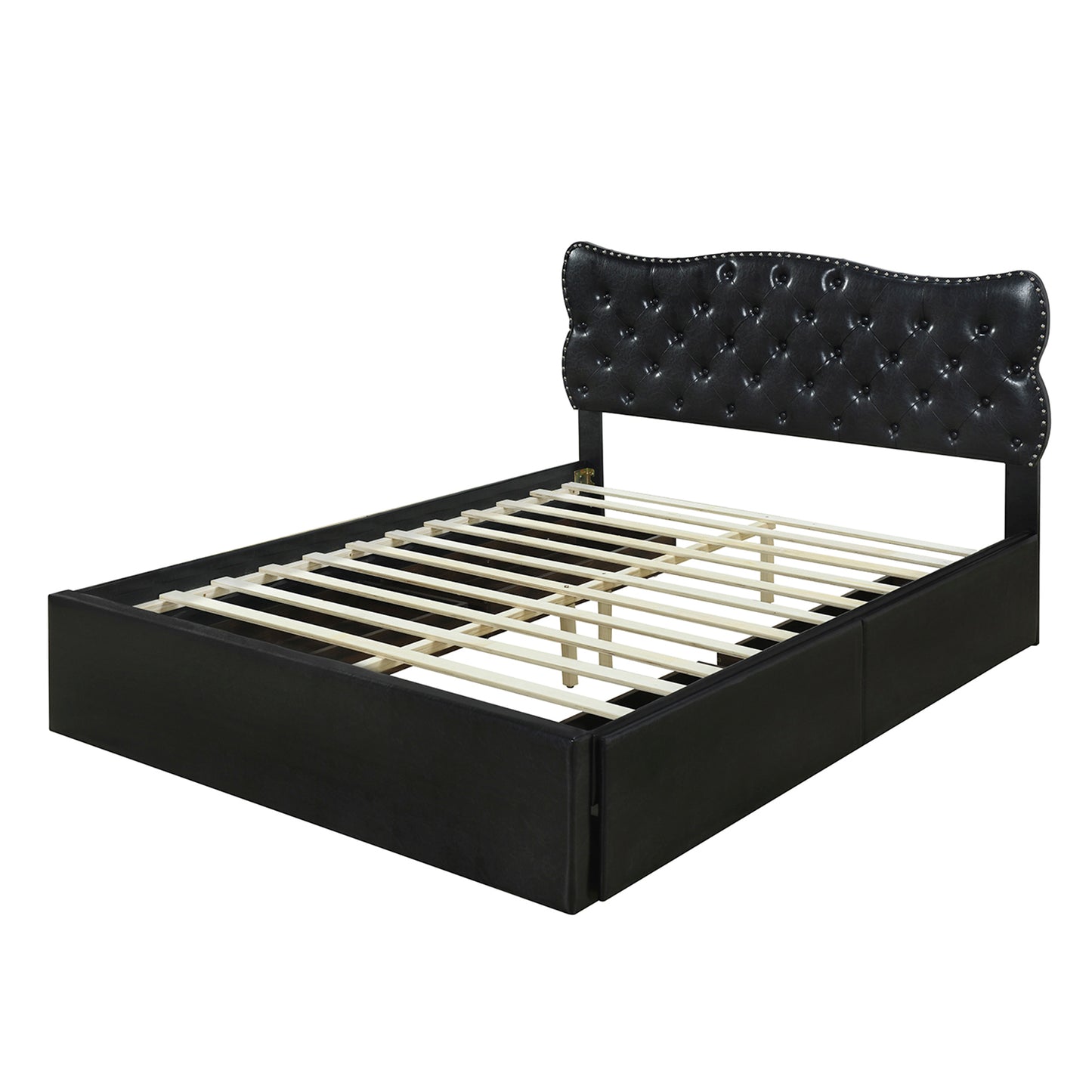 Queen Size Bed Frame with 4 Storage Drawers,Leather Upholstered Platform Heavy Duty Bed,Wood Slat Support,Black