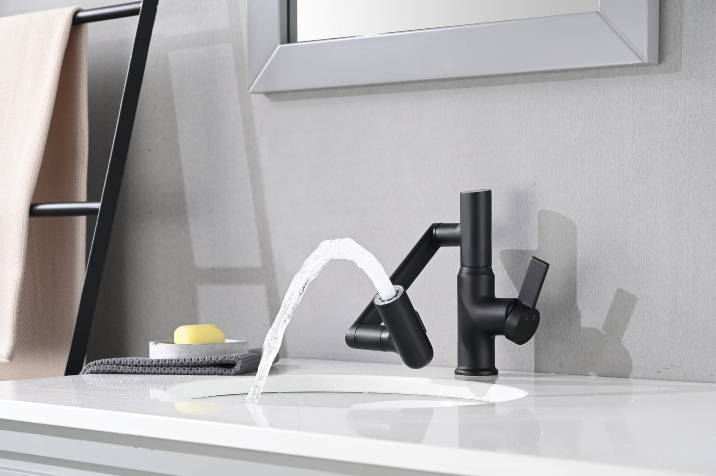 Matte Black Bathroom Sink Faucet with Temperature Display and 360° Rotary Movement featuring Spray Function and Anti-Skid Switch