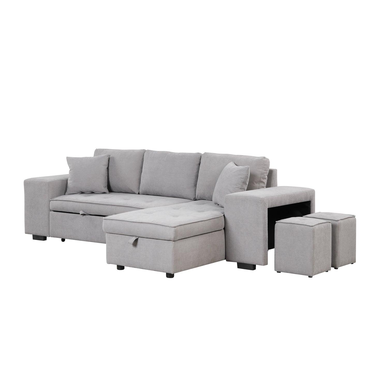 Gray L-Shape Sleeper Sectional Sofa with Storage Chaise and 2 Stools