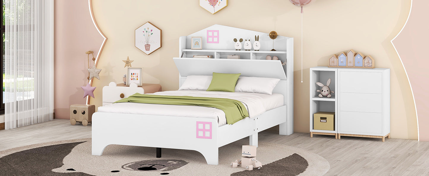 Wooden Twin Size House Bed with Storage Headboard ,Kids Bed with Storage Shelf, White