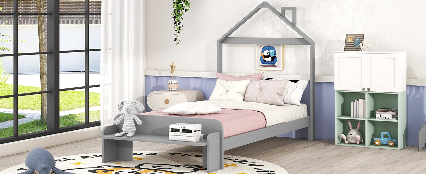 Twin Size Wood Platform Bed with House-shaped Headboard and Footboard Bench,Grey