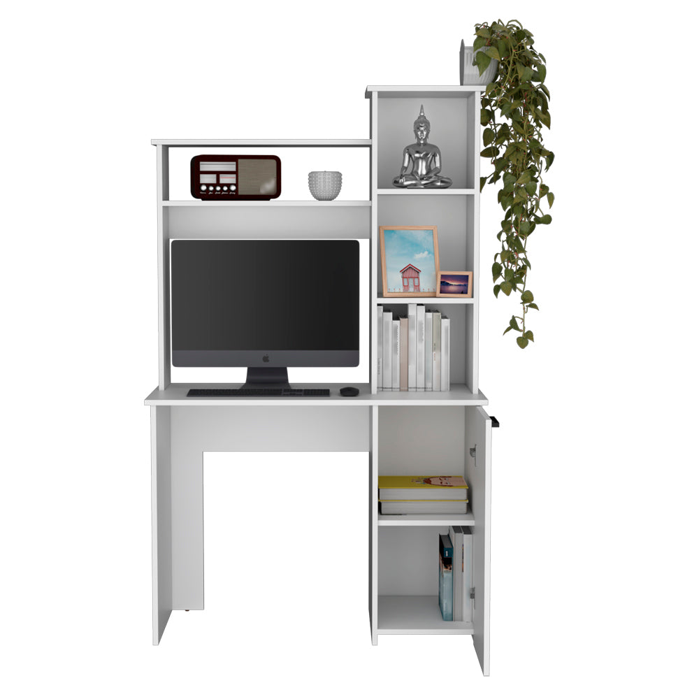 Elegant White Office Desk with Integrated Hutch and Versatile Storage Options