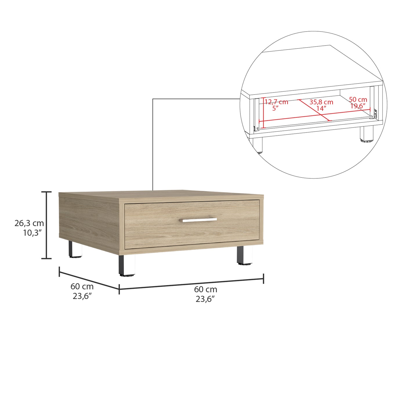 Beijing Coffee Table with One Drawer and Four Legs in Light Pine