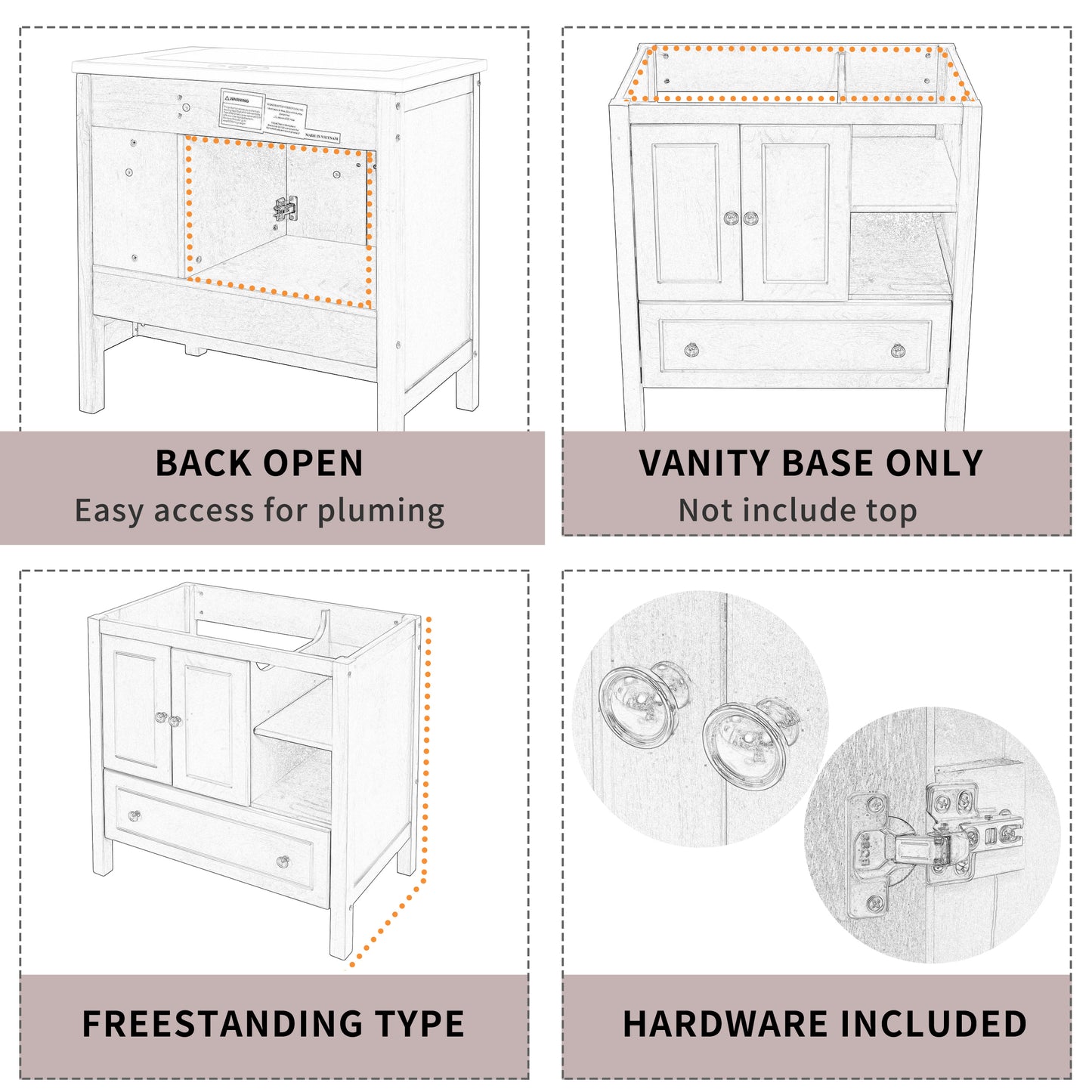 30" Bathroom Vanity Base Only, Solid Wood Frame, Bathroom Storage Cabinet with Doors and Drawers, Brown