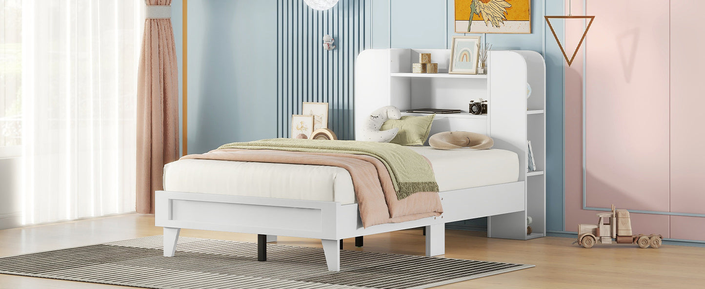 Twin Size Platform Bed with Storage Headboard,Multiple Storage Shelves on Both Sides,White