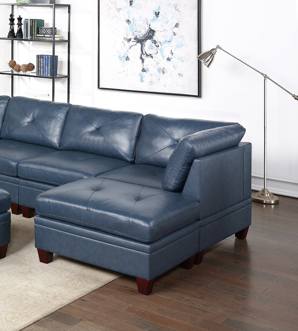 Luxurious Ink Blue Genuine Leather Modular 6pc Sectional Set