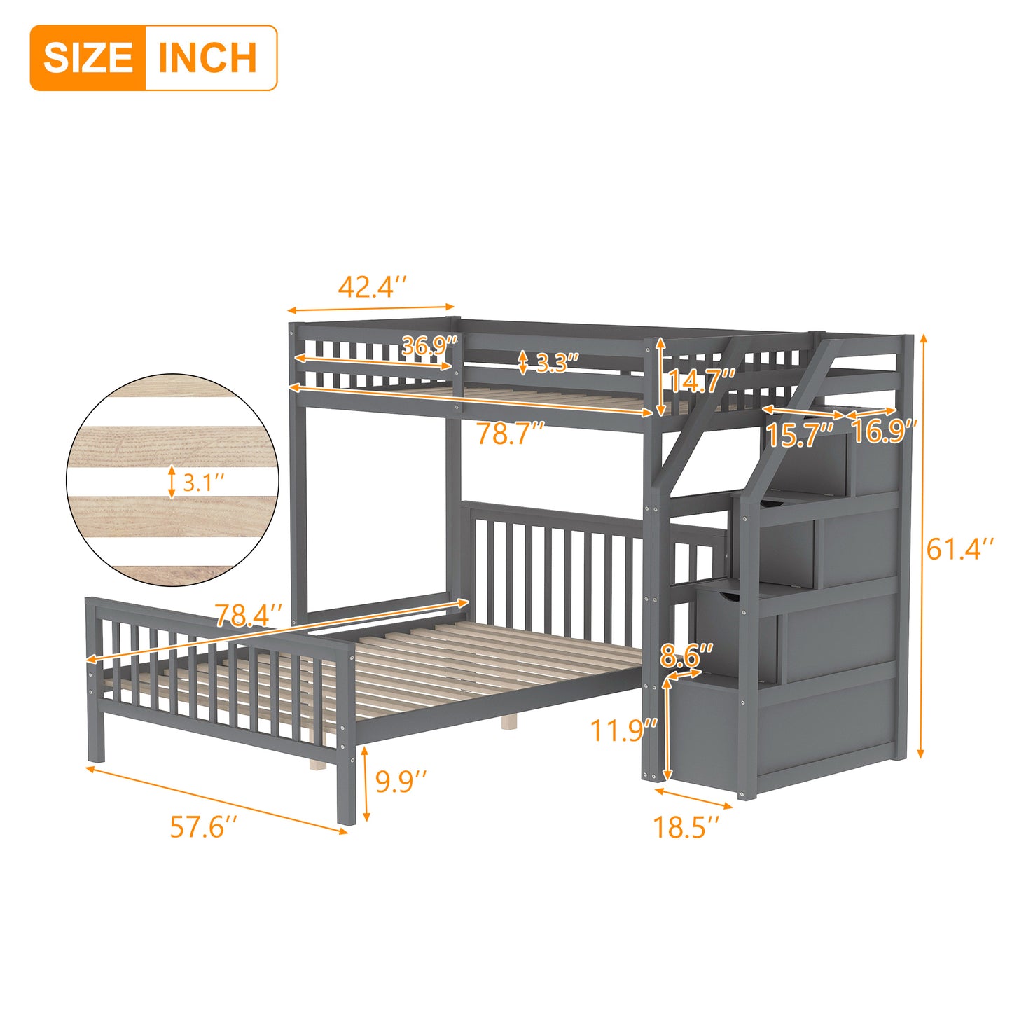 Twin over Full Loft Bed with Staircase,Gray(OLD SKU:SM000107AAE)