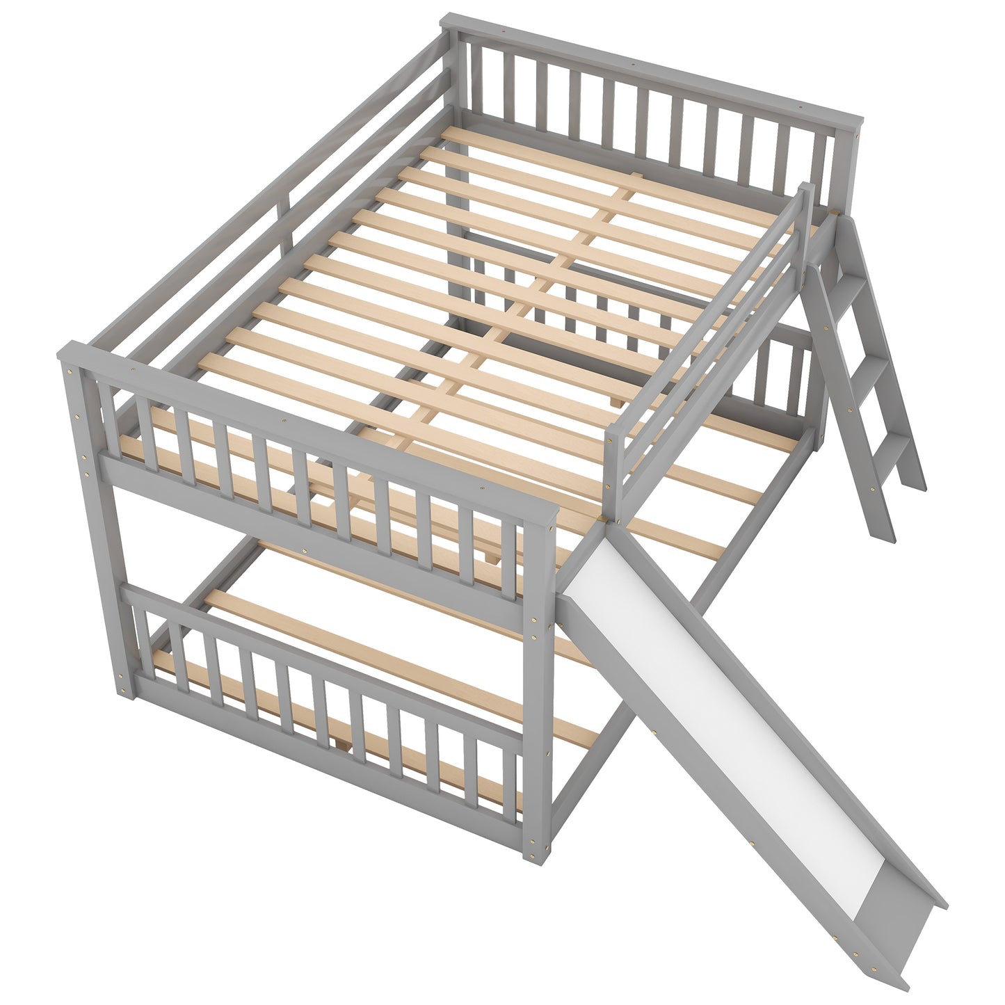 Gray Full Bunk Bed with Slide, Reversible Ladder, and Modern Design