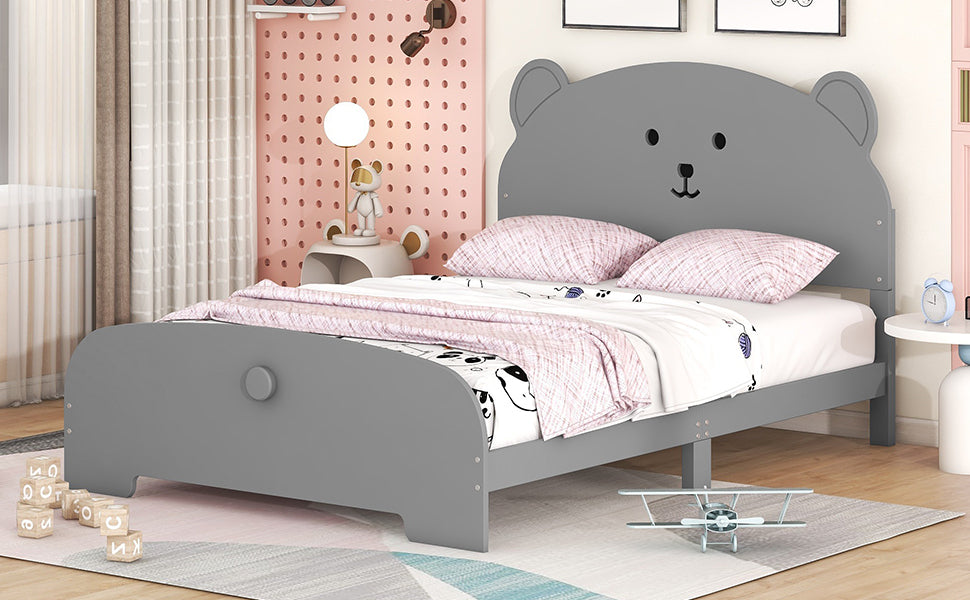 Full Size Wood Platform Bed with Bear-shaped Headboard and Footboard,Gray